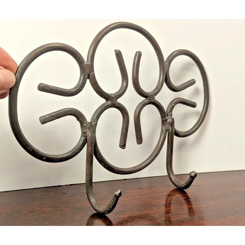 Vintage Hand Forged Wrought Iron Scrollwork Wall Rack 2 Hooks Rustic 8in